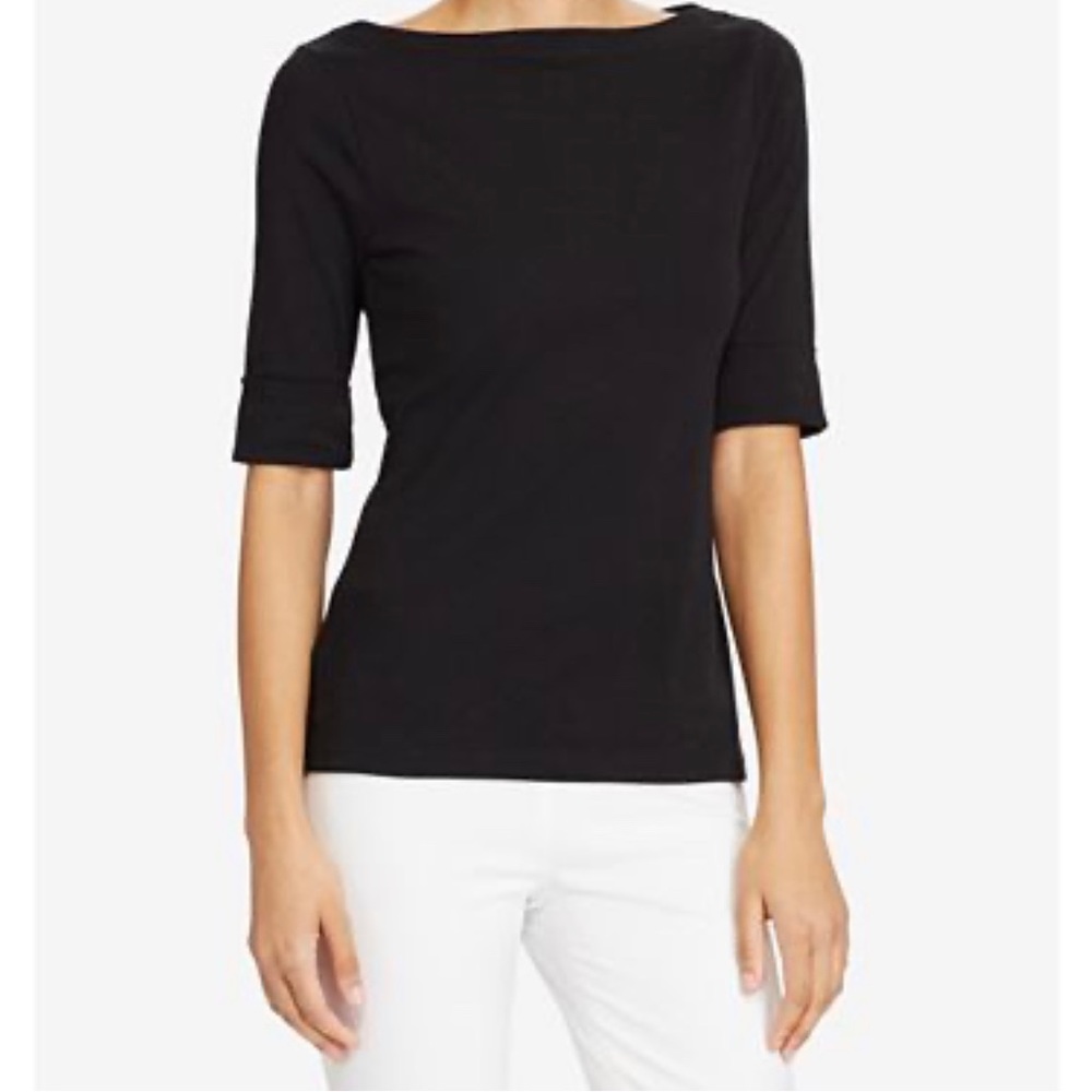RALPH LAUREB Black Knit Boat Neck Elbow Top